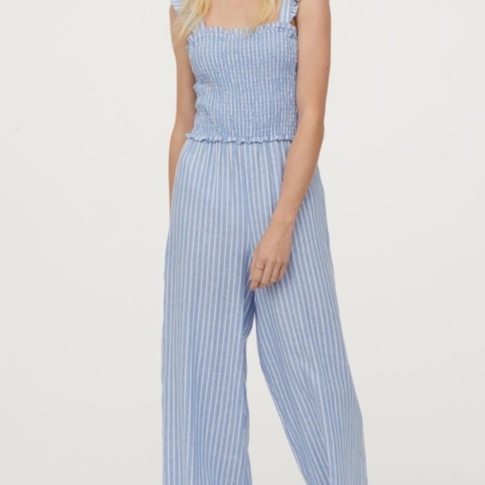 H&M Smocked Blue and White Jumpsuit